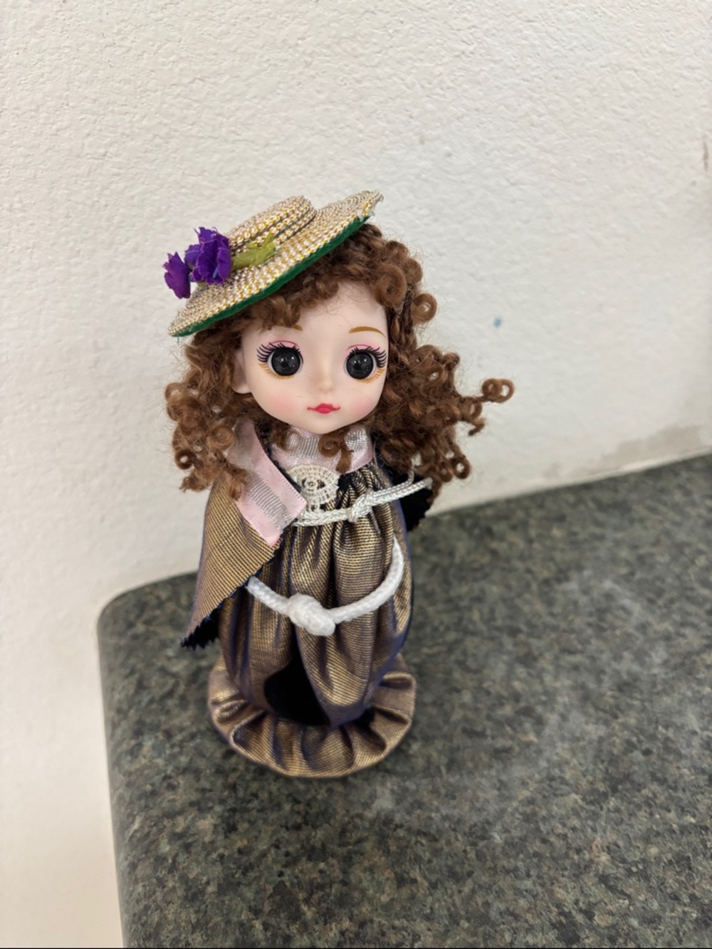 Vintage-Style Curly-Haired Doll with Straw Hat - Purple Accent